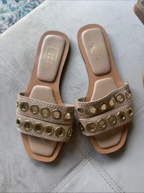 Shu Shop Beige Slide Sandals with Gold Eyelets